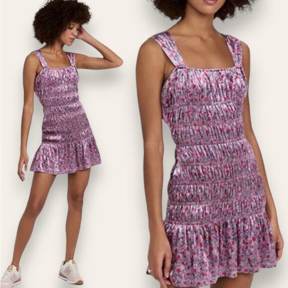 NWT ENGLISH FACTORY DRESS S PURPLE FLORAL VELVET SMOCKED SLEEVELESS MINI SHORT - Picture 1 of 10